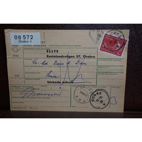 Frimärke  på adresskort - stämplat 1963 - Örebro 3 - Sunne