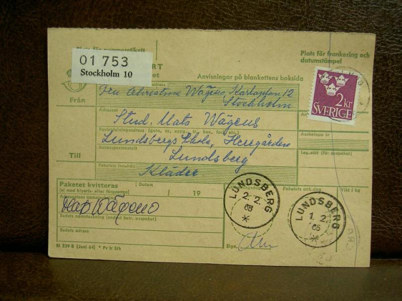 Frimärken  på adresskort - stämplat 1965 - Stockholm 10 - Lundsberg
