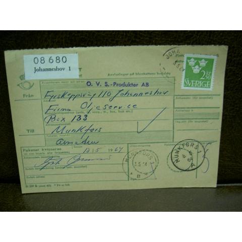 Paketavi med stämplade frimärken - 1964 - Johanneshov 1 till Munkfors 1