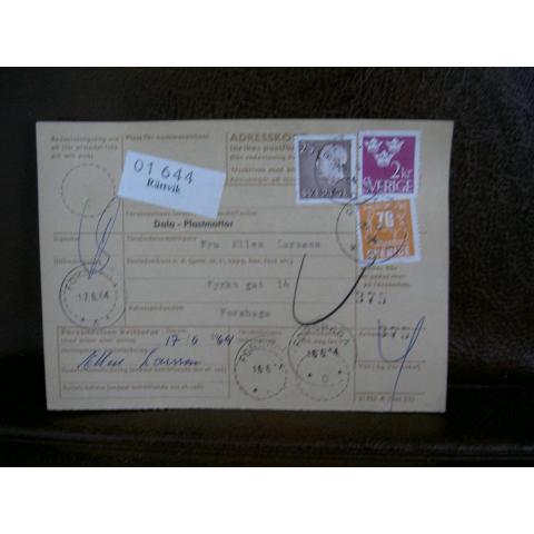 Paketavi med stämplade frimärken - 1964 - Rättvik till Forshaga