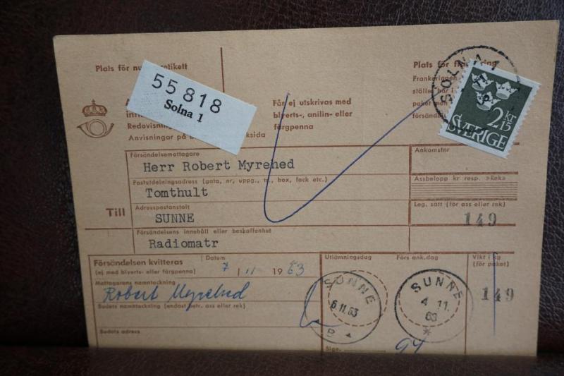 Frimärke  på adresskort - stämplat 1963 - Solna 1 - Sunne 