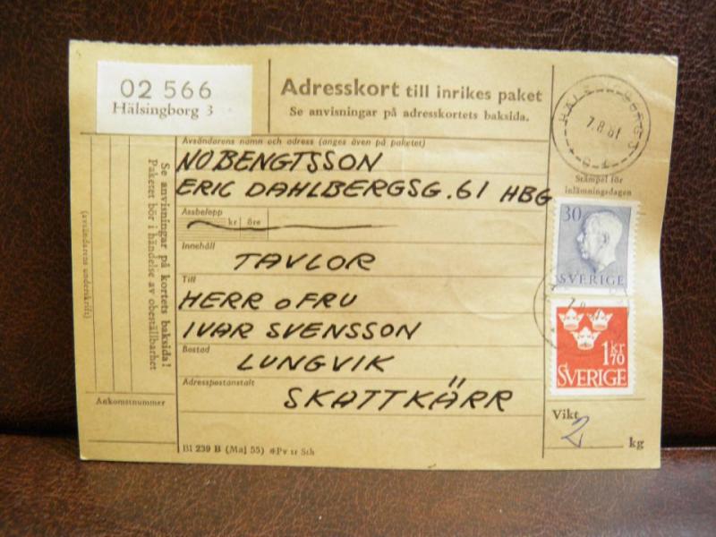 Frimärke  på adresskort - stämplat 1961 - Hälsingborg 3 - Skattkärr