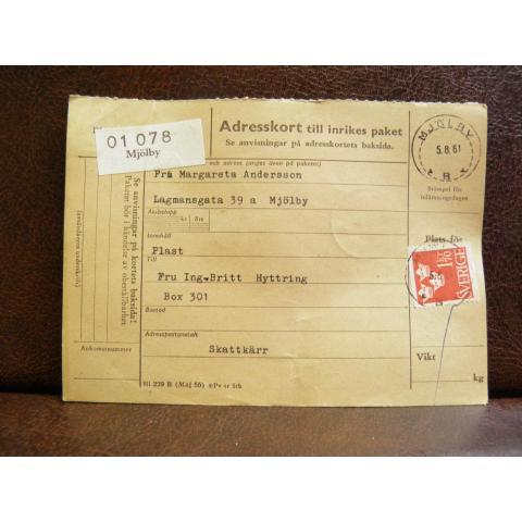 Frimärke  på adresskort - stämplat 1961 - Mjölby - Skattkärr