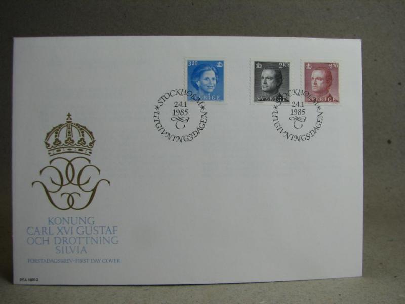 FDC Vinjett - 24/1 1985 Carl XVI Gustaf & Drottning Silvia  / Fina stämplar på 3 frimärken