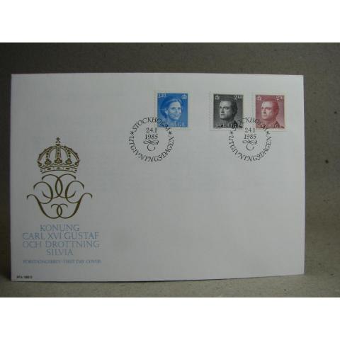 FDC Vinjett - 24/1 1985 Carl XVI Gustaf & Drottning Silvia  / Fina stämplar på 3 frimärken