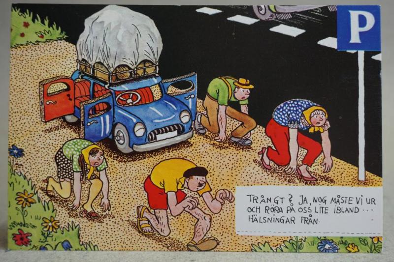 Trångt i Bilen på semestern Oskrivet Äldre vykort Humor