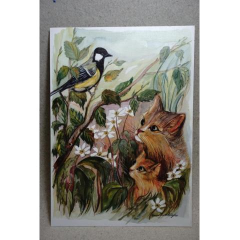 Vackert vykort med Fågel och söta Katter av Enar Jiwestam 2001 Oskrivet