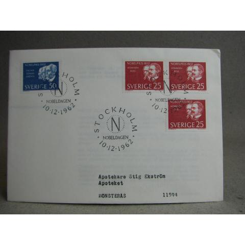 FDC    10/12 1962 Nobeldagen / Fina stämplar på 4 Frimärken