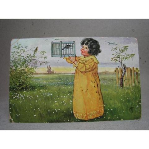 Antikt vykort Söt Flicka med fågelbur 1915 Skrivet