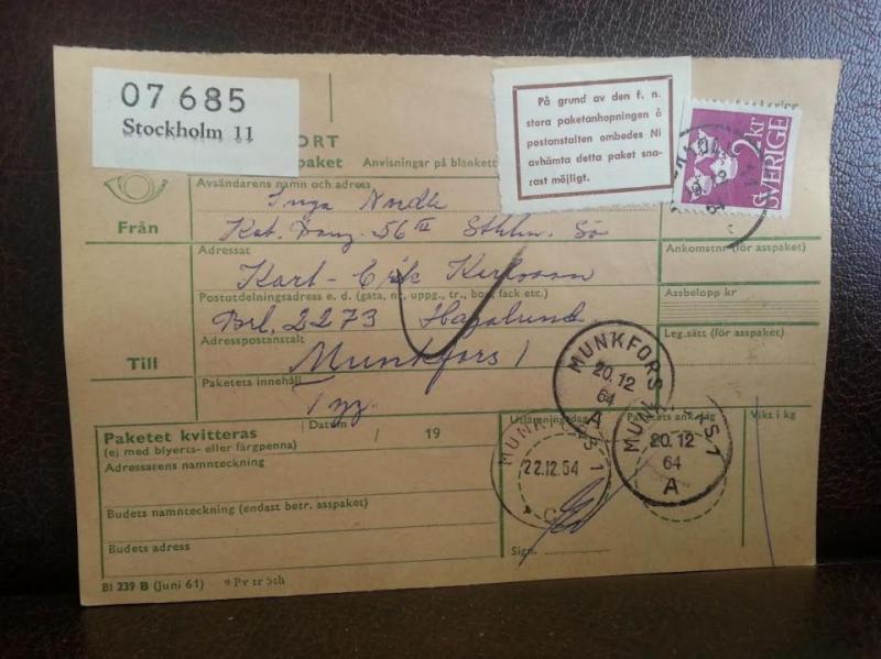 Frimärken på adresskort - stämplat 1964 - Stockholm 11 - Munkfors 1