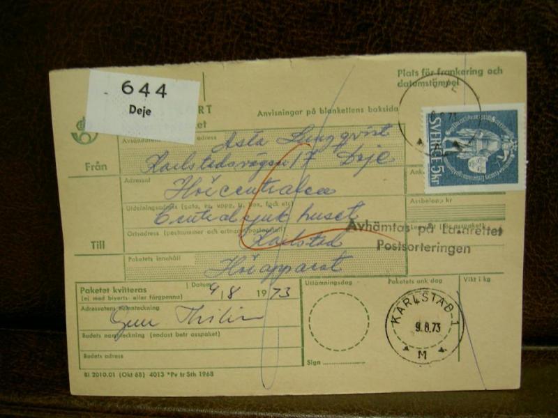 Paketavi med stämplade frimärken - 1973 - Deje till karlstad