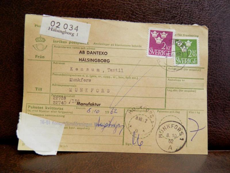Frimärken på adresskort - stämplat 1962 - Hälsingborg 1 - Munkfors 