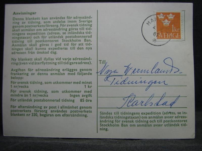 Adressändringskort med stämplade frimärken - 1967 - Mangskog