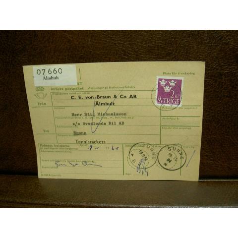 Paketavi med stämplade frimärken - 1964 - Älmhult till Sunne