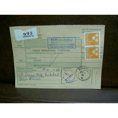 Paketavi med stämplade frimärken - 1964 - Enebyberg till Sunne