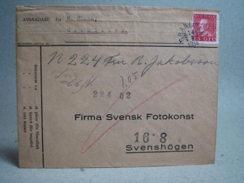 Försändelse med stämplat frimärke - Granliden 14/8 1934