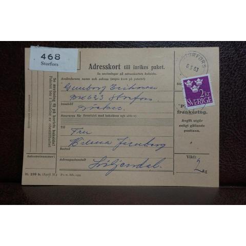 Frimärke  på adresskort - stämplat 1963 - Storfors - Liljendal