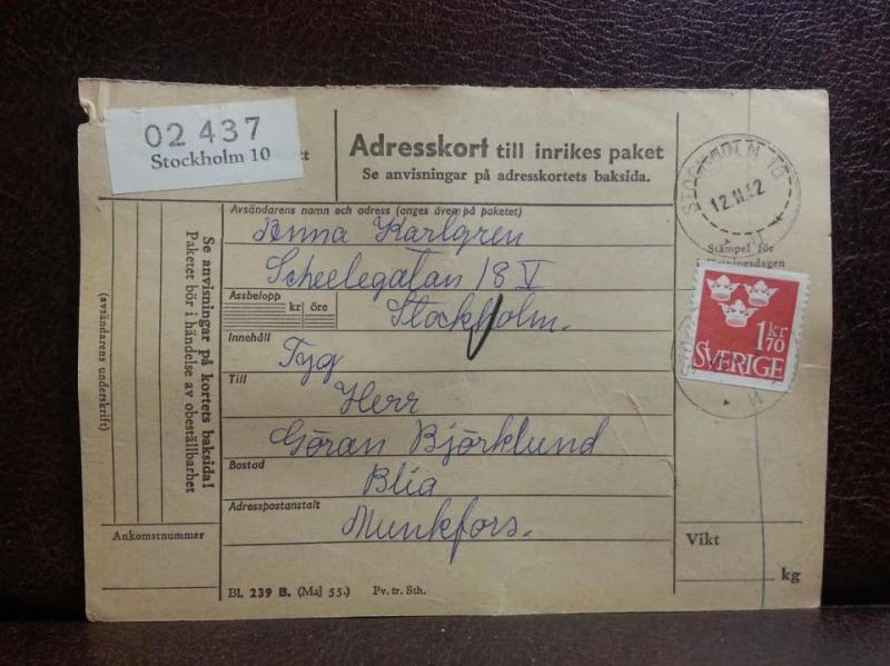 Frimärken  på adresskort - stämplat 1962 - Stockholm 10 - Munkfors