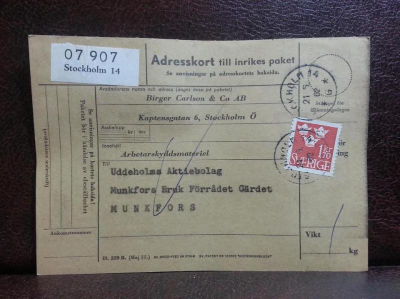 Frimärken  på adresskort - stämplat 1962 - Stockholm 14 - Munkfors 