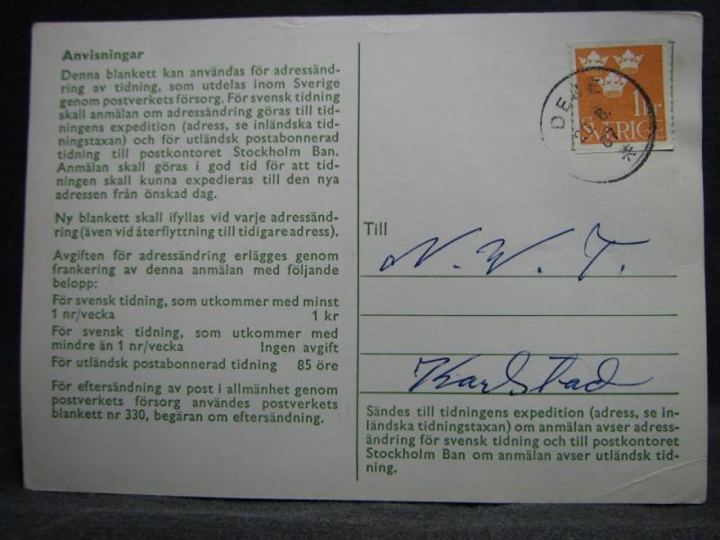Adressändringskort med stämplade frimärken - 1967 - Deje