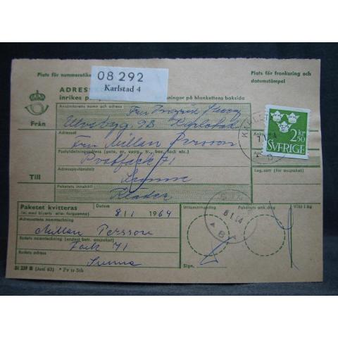 Adresskort med stämplade frimärken - 1964 - Karlstad till Sunne