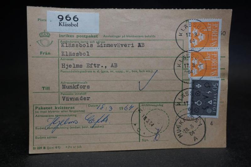 Avi frankerad och stämplad 1964 - Munkfors -  966 Klässbol