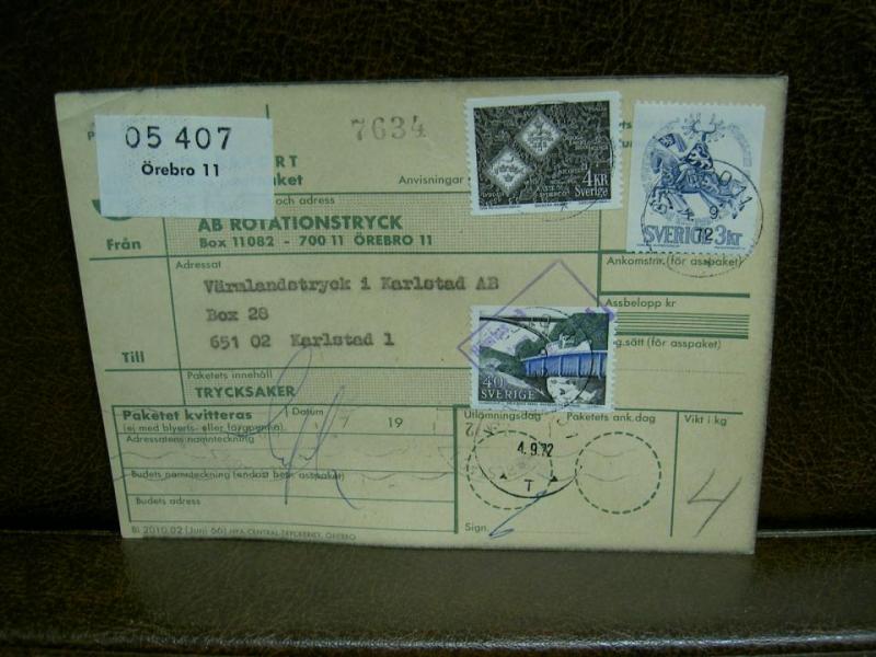 Paketavi med stämplade frimärken - 1972 - Örebro 11 till Karlstad 1