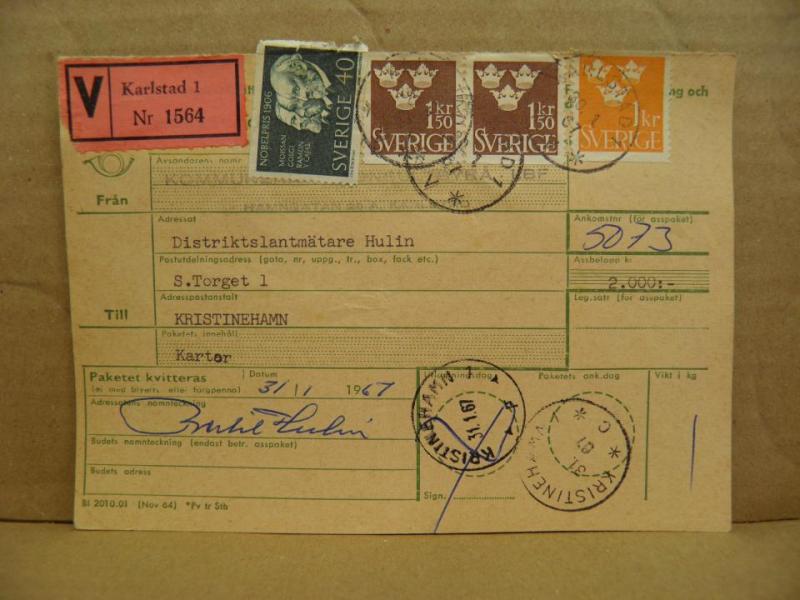 Frimärken på adresskort - stämplat 1967 - Karlstad 1 - Kristinehamn