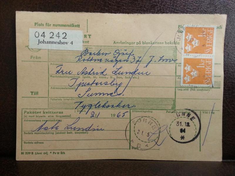 Frimärken på adresskort - stämplat 1965 - Johanneshov 4 - Sunne