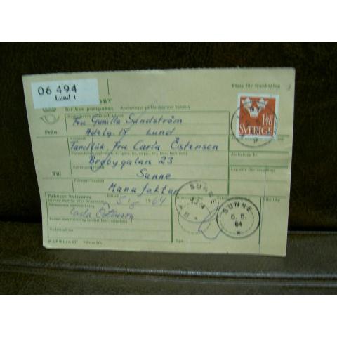 Paketavi med stämplade frimärken - 1964 - Lund 1 till Sunne