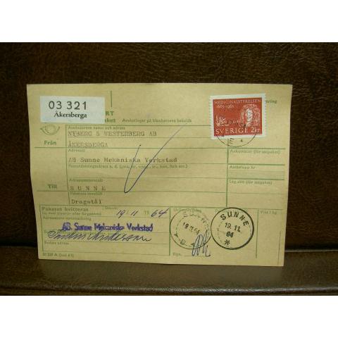 Paketavi med stämplade frimärken - 1964 - Åkersberga till Sunne