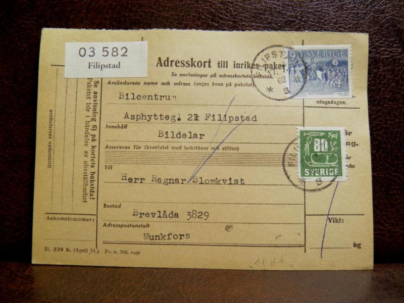 Frimärke på adresskort - stämplat 1962 - Filipstad - Munkfors