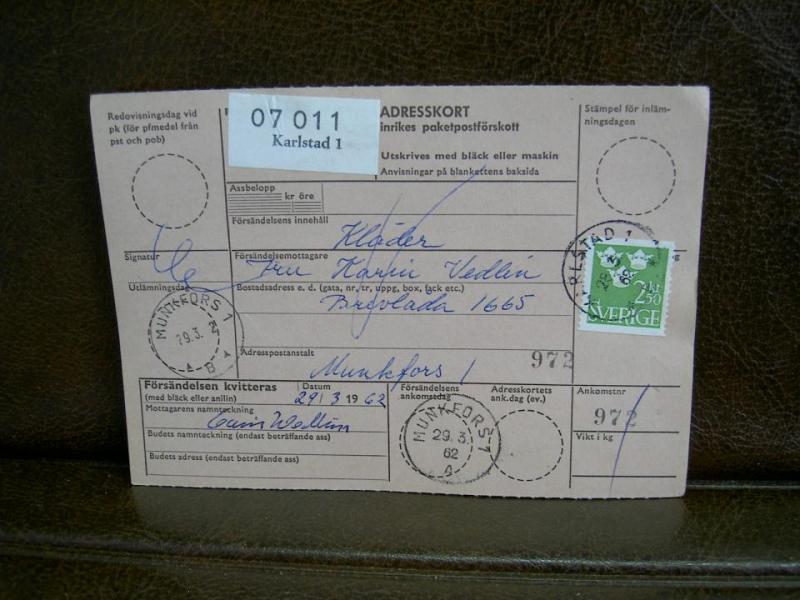 Paketavi med stämplade frimärken - 1962 - Karlstad 1 till Munkfors