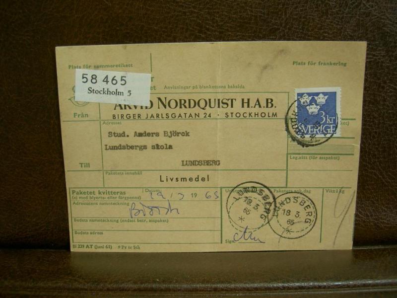 Frimärken  på adresskort - stämplat 1965 - Stockholm 5 - Lundsberg