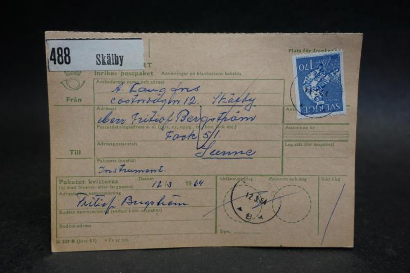 Gammalt Poststämplat  adresskort med  frimärken från 1964 - Skälby