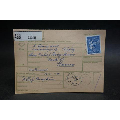 Gammalt Poststämplat  adresskort med  frimärken från 1964 - Skälby