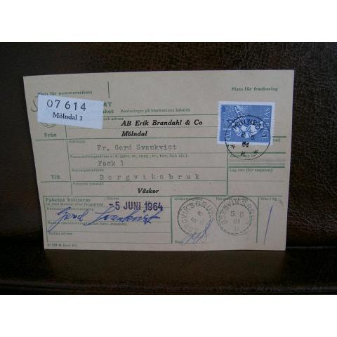 Paketavi med stämplade frimärken - 1964 - Mölndal 1 till Borgviksbruk