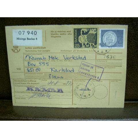 Paketavi med stämplade frimärken - 1972 - Hisings Backa 4 till Karlstad 1