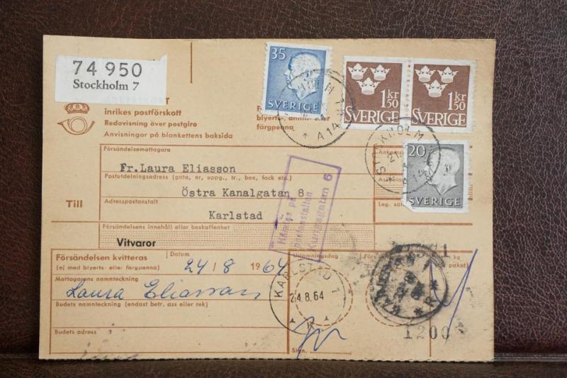 Frimärken på adresskort - stämplat 1964 - Stockholm 7 - Karlstad