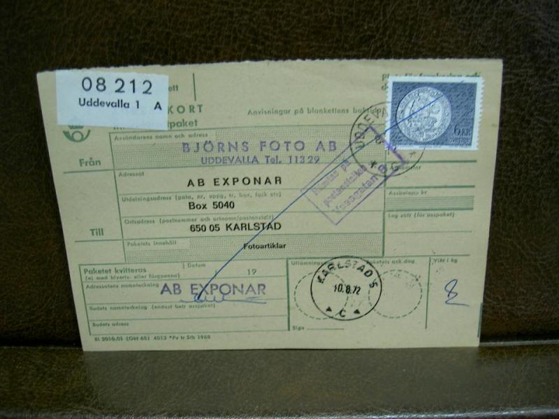 Paketavi med stämplade frimärken - 1972 - Uddevalla 1 till Karlstad 5