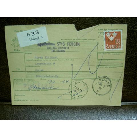 Paketavi med stämplade frimärken - 1964 - Lidingö 8 till Sunne