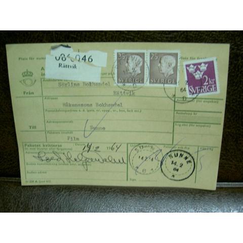 Paketavi med stämplade frimärken - 1964 - Rättvik till Sunne