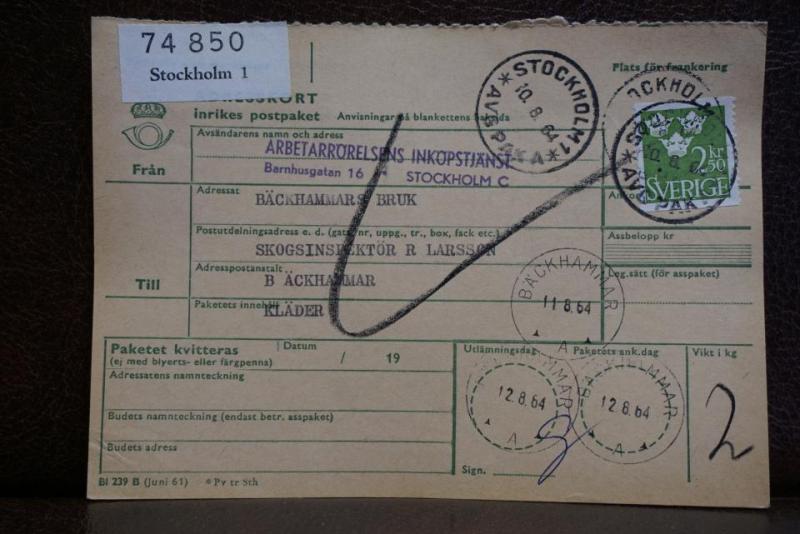 Frimärke  på adresskort - stämplat 1964 -  Stockholm 1 - Bäckhammar 