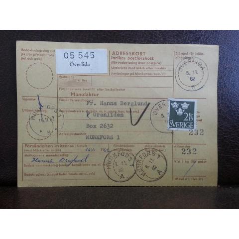 Frimärken på adresskort - stämplat 1962 - Överlida - Munkfors 1