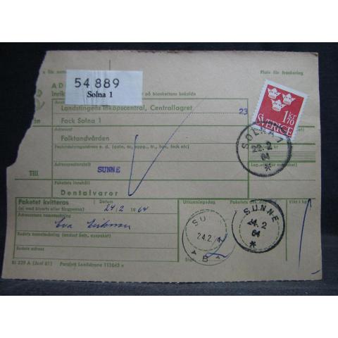 Adresskort med stämplade frimärken - 1964 - Solna till Sunne