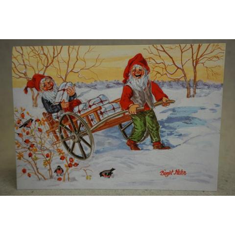Julkort - Glada Tomtar av Birgit Helen - med ett ostämplat julfrimärke 