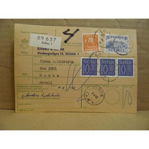 Frimärke  på adresskort - stämplat 1963 - Solna 1 - Sunne