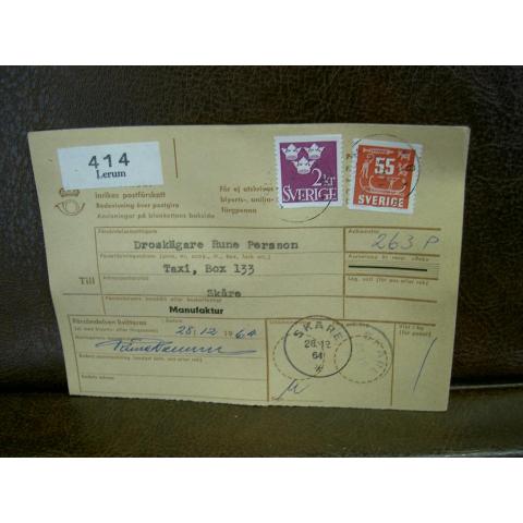 Paketavi med stämplade frimärken - 1964 - Lerum till Skåre