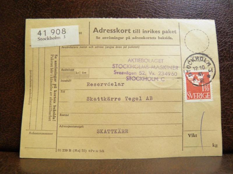 Frimärken på adresskort - stämplat 1961 - Stockholm 3 - Skattkärr