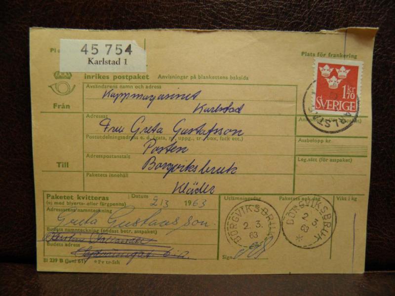Frimärken på adresskort - stämplat 1963 - Karlstad 1 - Borgviksbruk